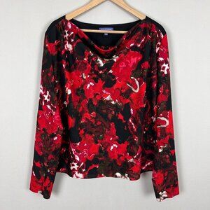 Vivienne Tam Blouse Top Womens 10 Red Black Cowl Neck Long Sleeve Abstract Art